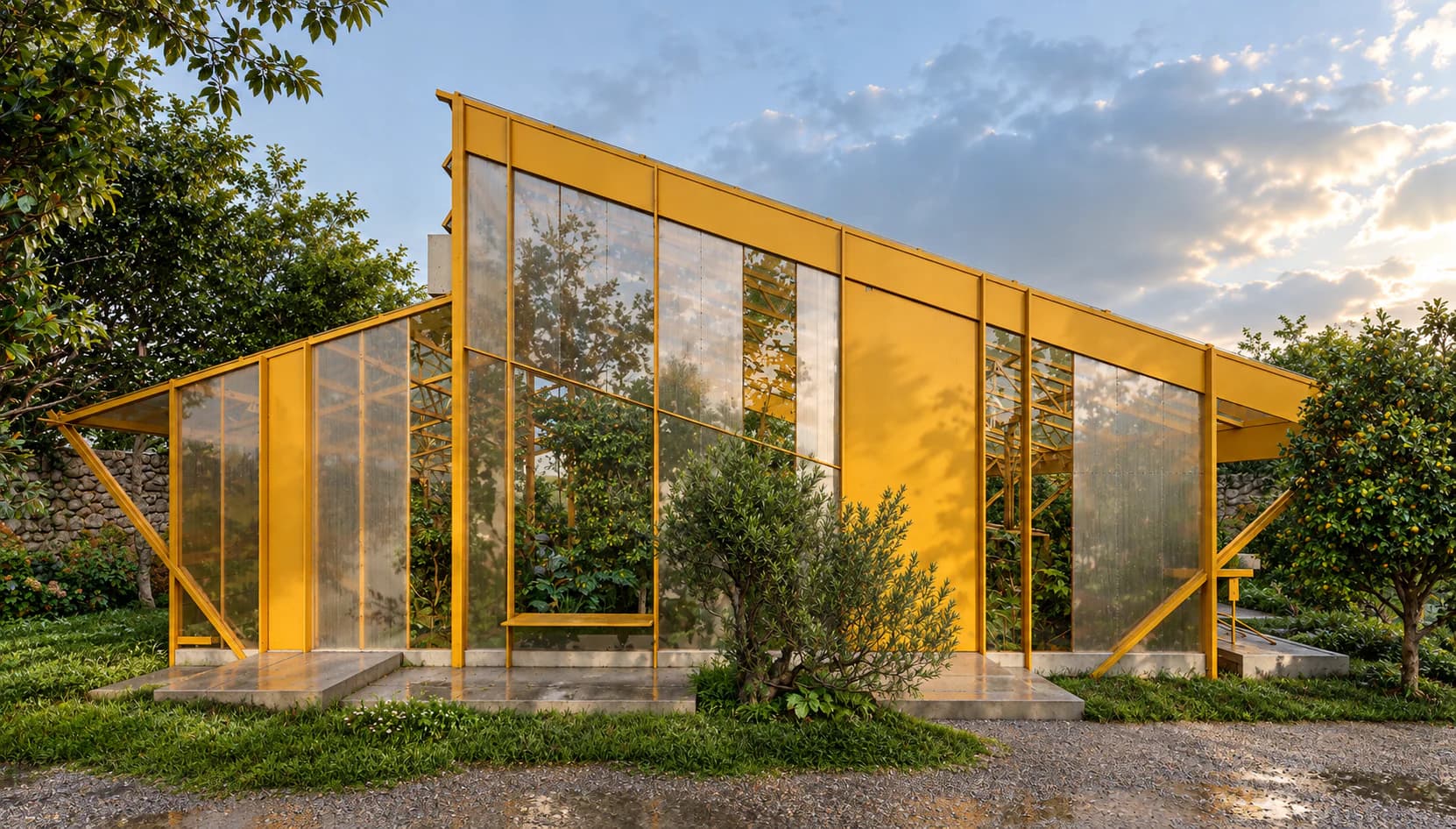 نمای بیرونی گلخانه تنوی با سازه زرد در میان باغ سهره